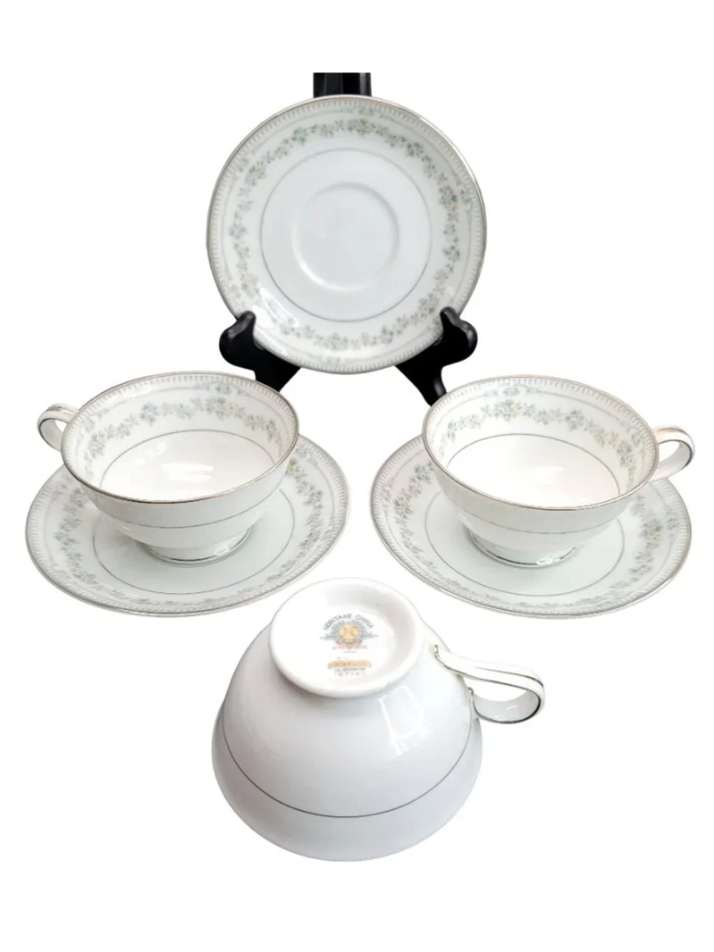 Noritake Norwood Tea Cups and Saucers Set of 3 White Silver Floral Japan Cr157